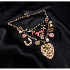 Rare Find Betsey Johnson Charm Necklace W/ Pink & Leopard Heart Pearls & Gold Ch